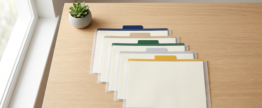 Overhead image of a desk with color-coded clear files (symbolizing document organization by Status of Residence)