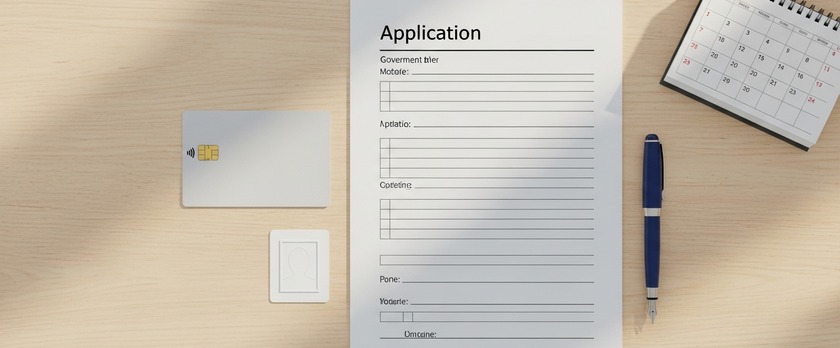 特定在留カード申請のための書類・写真・カード準備を象徴する俯瞰イメージ。