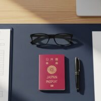 技術・人文知識・国際業務(技人国)ビザの日本語要件追加に伴う申請書類準備を象徴するデスクの俯瞰イメージ
