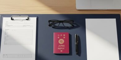 技術・人文知識・国際業務(技人国)ビザの日本語要件追加に伴う申請書類準備を象徴するデスクの俯瞰イメージ