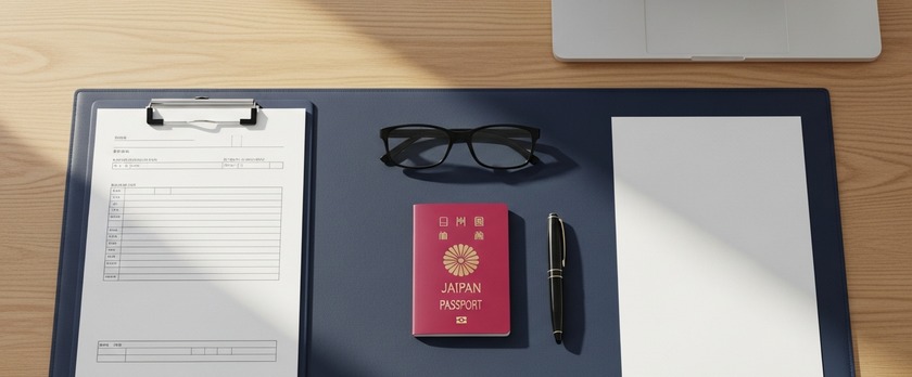 技術・人文知識・国際業務(技人国)ビザの日本語要件追加に伴う申請書類準備を象徴するデスクの俯瞰イメージ