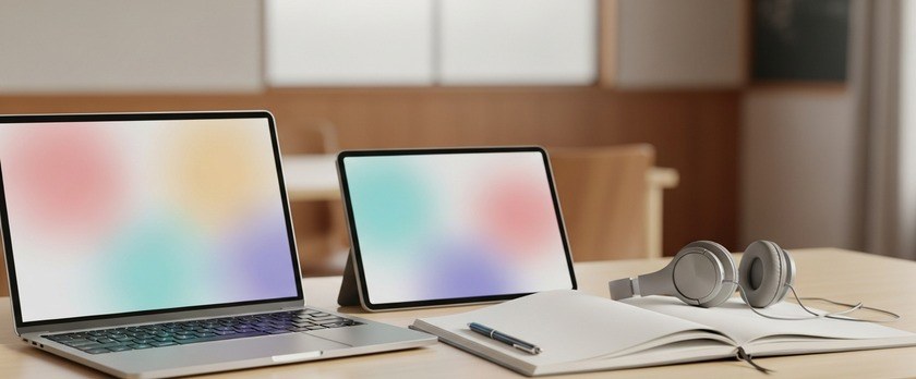 ICTを使った入国前学習と対面講習を組み合わせる学習イメージ。ノートPCとタブレット、ノートを並べた机の俯瞰