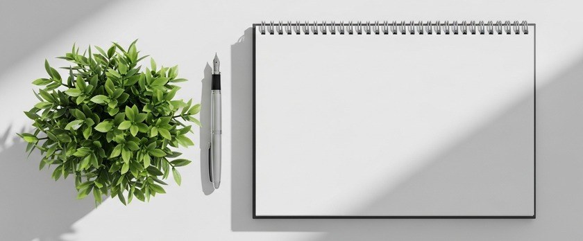 無地のカレンダーとペン、観葉植物を並べた俯瞰イメージ。就職ビザ申請の逆算スケジュールを象徴。