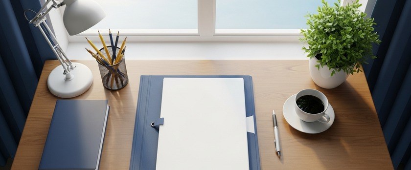 書類をフォルダに整理した明るい机と窓辺のイメージ。認定証明書交付後の査証申請という次の一歩を象徴する画像。