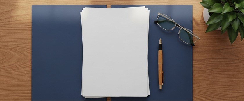 白紙の書類とフォルダ、ペンを並べたオフィスデスクの俯瞰イメージ。企業の申請業務の管理を象徴。