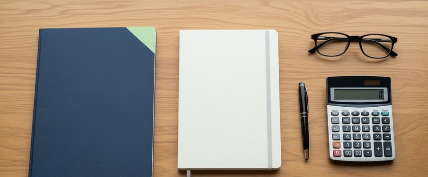 書類フォルダとチェックリスト、電卓を並べた机の俯瞰。永住許可申請の必要書類の準備と確認を象徴。