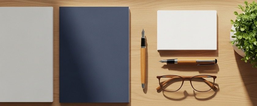 白紙の書類とフォルダ、ペンを並べたデスクの俯瞰イメージ。在留資格変更の必要書類準備を象徴。