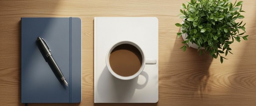 ノートとペン、コーヒーカップ、観葉植物を並べたデスクの俯瞰イメージ。勤務時間を落ち着いて確認・記録する実務を象徴。