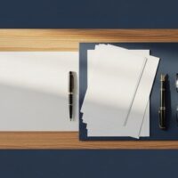 ペンや眼鏡、観葉植物を並べた明るい机の俯瞰イメージ。技人国ビザ更新に向けた落ち着いた書類準備を象徴する記事のアイキャッチ。