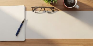 ペンや眼鏡、観葉植物を並べた明るい机の俯瞰イメージ。配偶者ビザの書類準備を象徴する落ち着いた雰囲気の記事アイキャッチ。