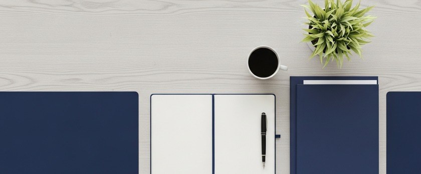 窓辺のデスクにノートと書類フォルダ、万年筆を並べた俯瞰イメージ。在留カードの紛失・盗難時の再交付手続きの準備を象徴。
