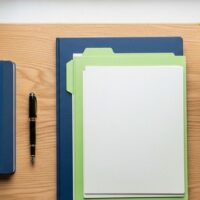 窓辺のデスクに閉じたノートと書類フォルダ、万年筆を並べた俯瞰イメージ。在留資格認定証明書が不交付となった後の対応の準備を象徴。