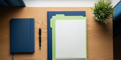 窓辺のデスクに閉じたノートと書類フォルダ、万年筆を並べた俯瞰イメージ。在留資格認定証明書が不交付となった後の対応の準備を象徴。