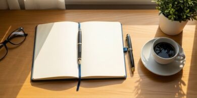 机の上にノートとペン、白紙、観葉植物を並べた俯瞰イメージ。永住許可の要件を落ち着いて確認する準備を象徴。