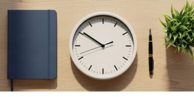机の上にノートとペン、文字盤が無地の時計、観葉植物を並べた俯瞰イメージ。資格外活動許可の週28時間の管理を象徴。