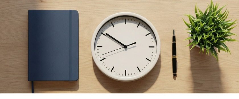 机の上にノートとペン、文字盤が無地の時計、観葉植物を並べた俯瞰イメージ。資格外活動許可の週28時間の管理を象徴。