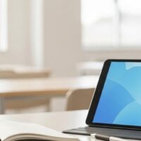外国人向けの日本語・生活学習プログラム案を象徴する、明るく整えられた学習机とタブレットのイメージ