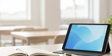 外国人向けの日本語・生活学習プログラム案を象徴する、明るく整えられた学習机とタブレットのイメージ