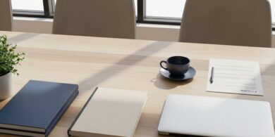 モダンなオフィスのテーブルにノートPCと書類フォルダを整然と並べた俯瞰イメージ。中小企業の外国人雇用の実務準備を象徴。