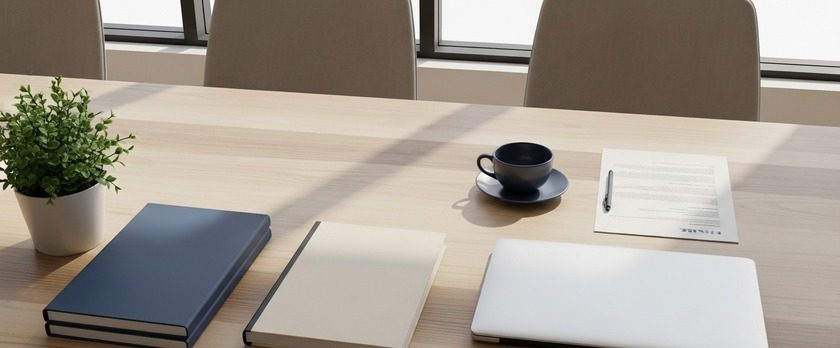 モダンなオフィスのテーブルにノートPCと書類フォルダを整然と並べた俯瞰イメージ。中小企業の外国人雇用の実務準備を象徴。