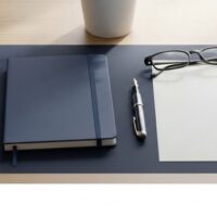 机の上にノートとペン、白紙、観葉植物を並べた俯瞰イメージ。留学から就職への在留資格変更の準備を象徴。