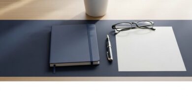 机の上にノートとペン、白紙、観葉植物を並べた俯瞰イメージ。留学から就職への在留資格変更の準備を象徴。