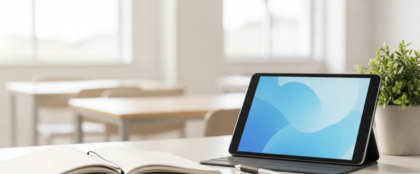 外国人向けの日本語・生活学習プログラム案を象徴する、明るく整えられた学習机とタブレットのイメージ
