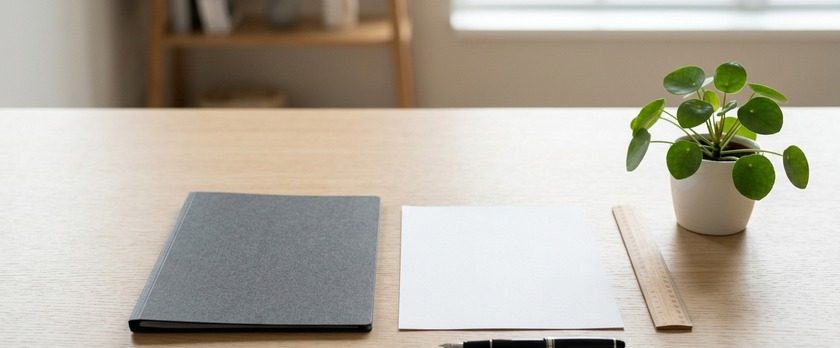 机の上に閉じた書類フォルダと白紙、ペン、定規を並べた俯瞰イメージ。特定技能2号の長期受入れ計画の準備を象徴。