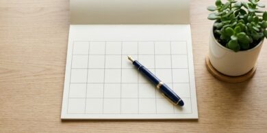 在留期間の更新をいつ申請するか計画することを象徴する、白紙のカレンダーとペンが机に置かれた俯瞰イメージ
