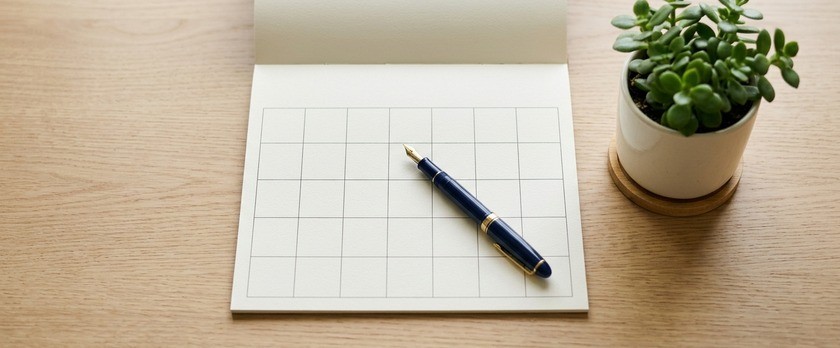 在留期間の更新をいつ申請するか計画することを象徴する、白紙のカレンダーとペンが机に置かれた俯瞰イメージ