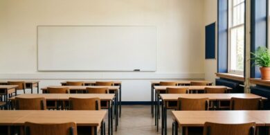 育成就労の日本語講習の準備を象徴する、朝の光が差し込む清潔で無人の教室のイメージ