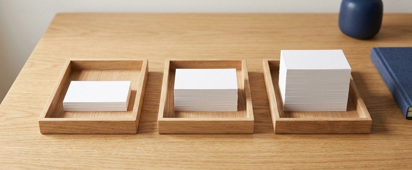 高さの異なる3つのカードの山を並べた俯瞰イメージ。在留資格ごとの処理期間の差を象徴。