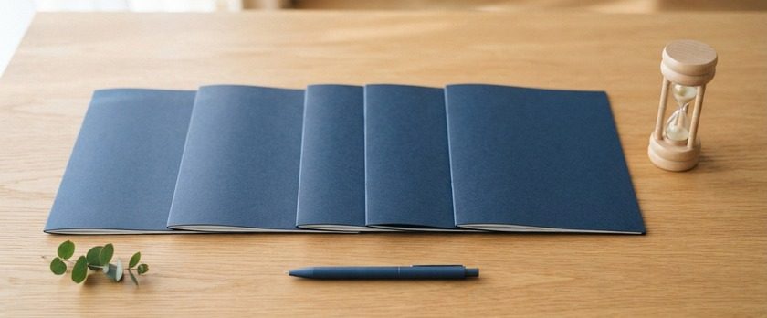 無地の紺色フォルダを一列に並べ、端に砂時計を置いた俯瞰イメージ。申請が受付日順に審査されていることを象徴。