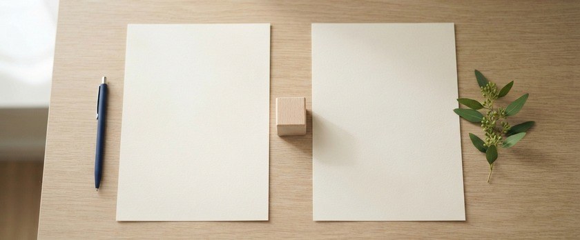 並べた無地の書類2枚の間に無地の木のブロックを置いた俯瞰イメージ。離婚後の子どもの親権と養育の取り決めを象徴。