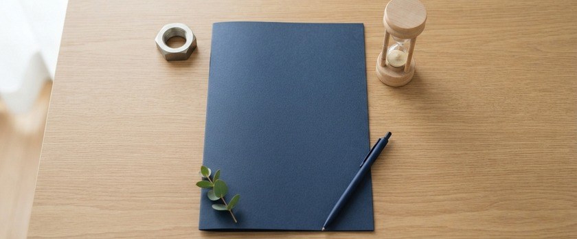 無地の書類フォルダと砂時計、金属のナットを並べた俯瞰イメージ。JAIMへの加入が在留申請より前に必要であることを象徴。