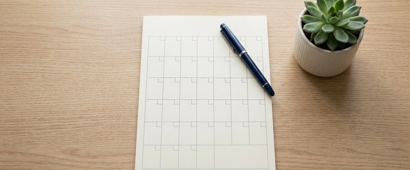 白紙の月間カレンダーと万年筆を並べた俯瞰イメージ。特定技能の採用計画を前倒しで組む必要性を象徴。