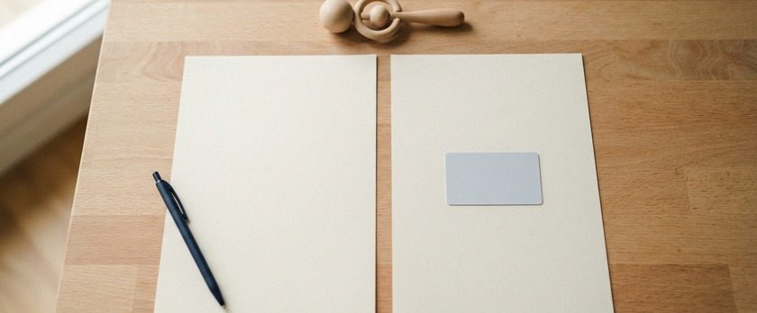 無地の書類2枚と無地のカード、木製のがらがらを並べた俯瞰イメージ。日本で生まれた外国人の子の在留資格取得許可申請を象徴。