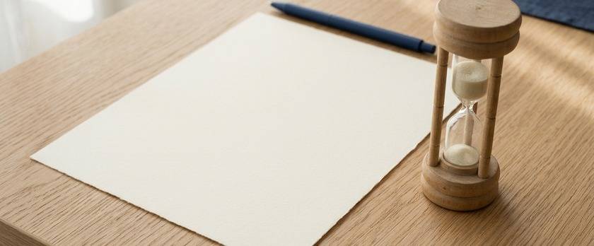 無地の書類の横に砂時計が置かれた俯瞰イメージ。婚姻届の後、在留資格変更や14日以内の在留カード記載事項変更届出など期限のある手続が続くことを象徴。