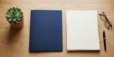 机の上に無地のフォルダと白紙の束、ペン、眼鏡、観葉植物を並べた俯瞰イメージ。企業が外国人雇用の書類を落ち着いて点検する場面を象徴。