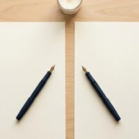 無地の書類2枚が並び、それぞれにペンが置かれた俯瞰イメージ。国際結婚の婚姻届で日本人側と外国人側の双方が書類を準備することを象徴。