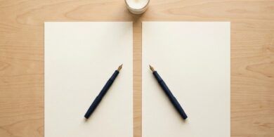 無地の書類2枚が並び、それぞれにペンが置かれた俯瞰イメージ。国際結婚の婚姻届で日本人側と外国人側の双方が書類を準備することを象徴。