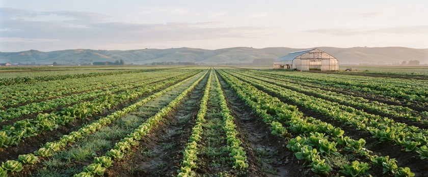 朝の光に照らされた野菜畑の畝と遠くのビニールハウスの風景。宮崎県で特定技能の受入れが最も多い農業分野を象徴。