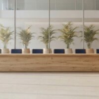 ガラス張りの明るい庁舎ロビーに木製カウンターと椅子、観葉植物が並ぶイメージ。宮崎地方法務局への帰化申請の相談・来庁を象徴。