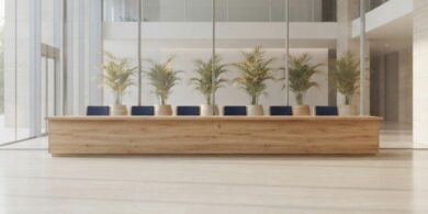 ガラス張りの明るい庁舎ロビーに木製カウンターと椅子、観葉植物が並ぶイメージ。宮崎地方法務局への帰化申請の相談・来庁を象徴。