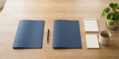 木目の会議テーブルに並べた2冊の無地フォルダとペン、メモ帳の俯瞰イメージ。受入企業と監理支援機関が明確なルールのもとで組むことを象徴。