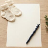 無地の書類の上に小さなベビーソックスとペンを置いた俯瞰イメージ。国際結婚で生まれた子の出生届と国籍の手続を象徴。