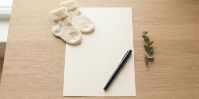 無地の書類の上に小さなベビーソックスとペンを置いた俯瞰イメージ。国際結婚で生まれた子の出生届と国籍の手続を象徴。