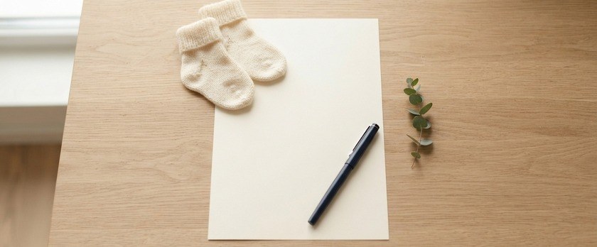 無地の書類の上に小さなベビーソックスとペンを置いた俯瞰イメージ。国際結婚で生まれた子の出生届と国籍の手続を象徴。