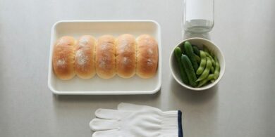 ステンレスの作業台に白いトレーのパンと野菜、白い手袋を並べた俯瞰イメージ。宮崎の特定技能・飲食料品製造業分野を象徴。