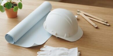 木の机に白いヘルメット、無地の図面用紙、白い作業手袋を並べた俯瞰イメージ。宮崎の特定技能・建設分野を象徴。